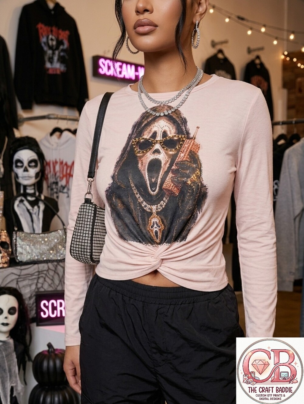 JoyLab NWT Ghostface Baddie Graphic Twist Front Long Sleeve Top L